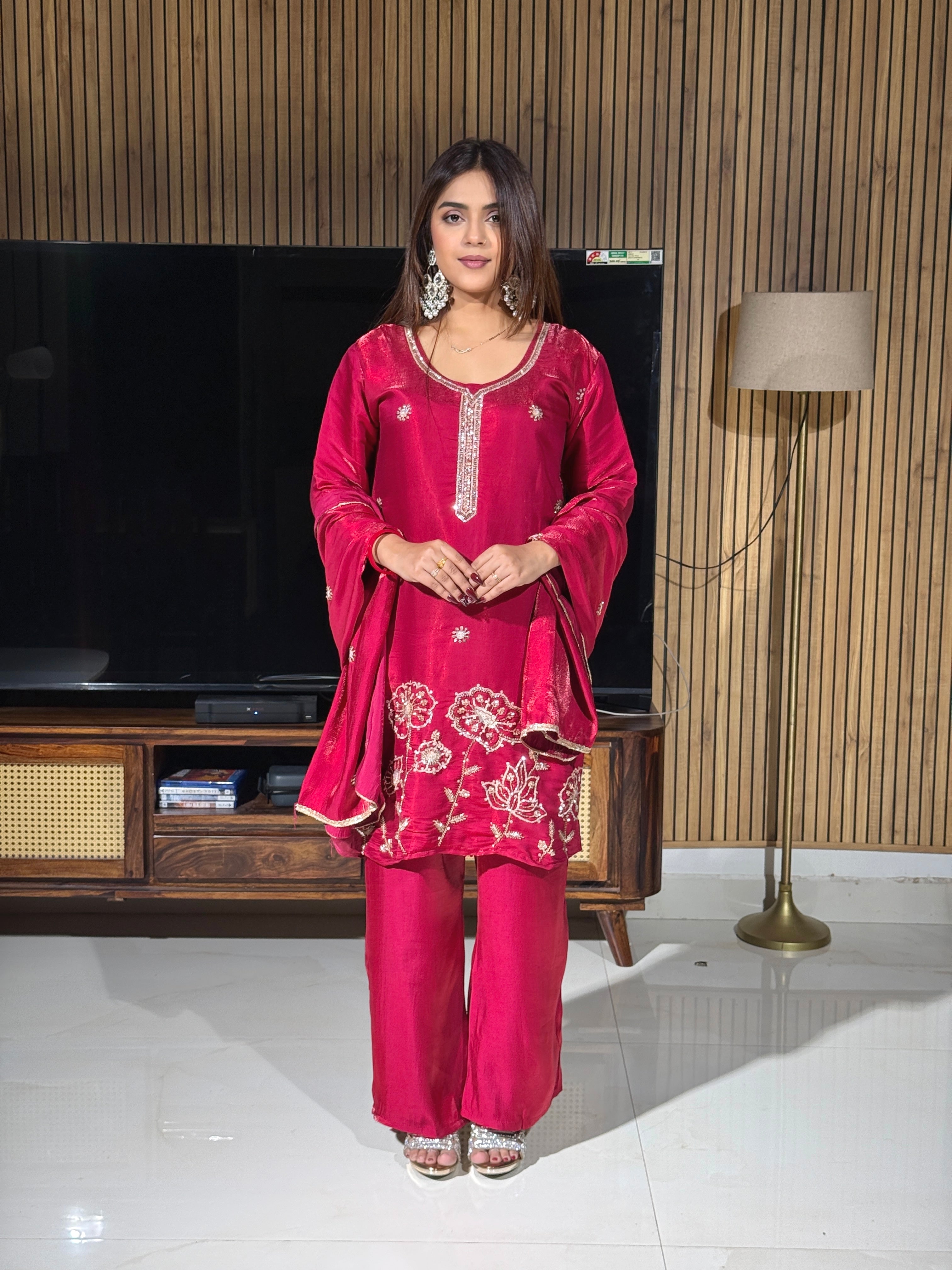 Raspberry Pink Raw Silk Embroidered Suit Set