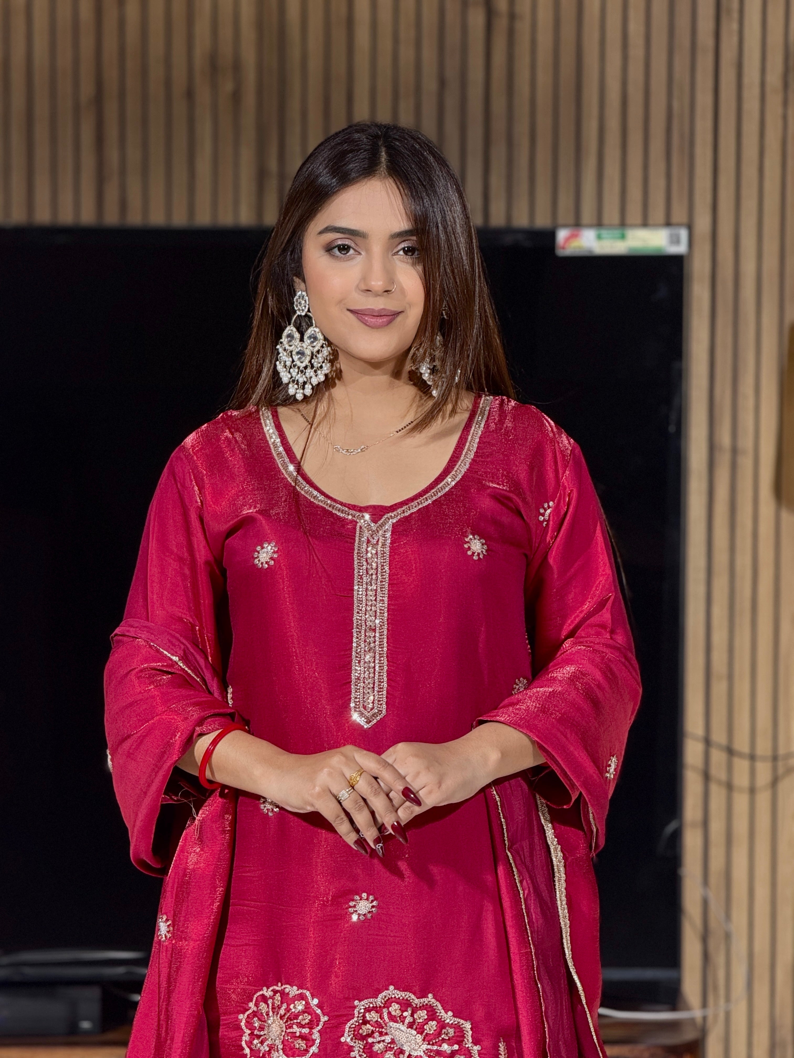 Raspberry Pink Raw Silk Embroidered Suit Set
