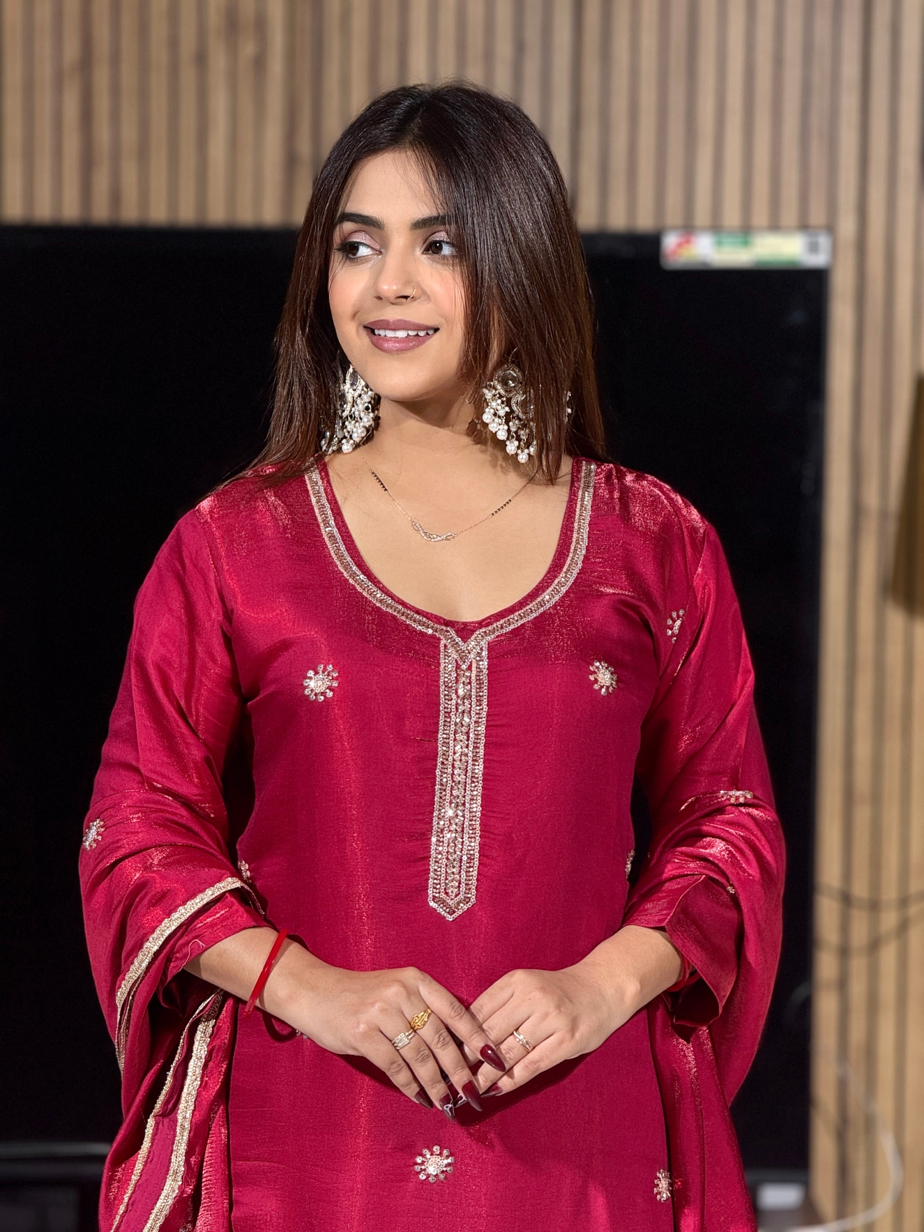 Raspberry Pink Raw Silk Embroidered Suit Set