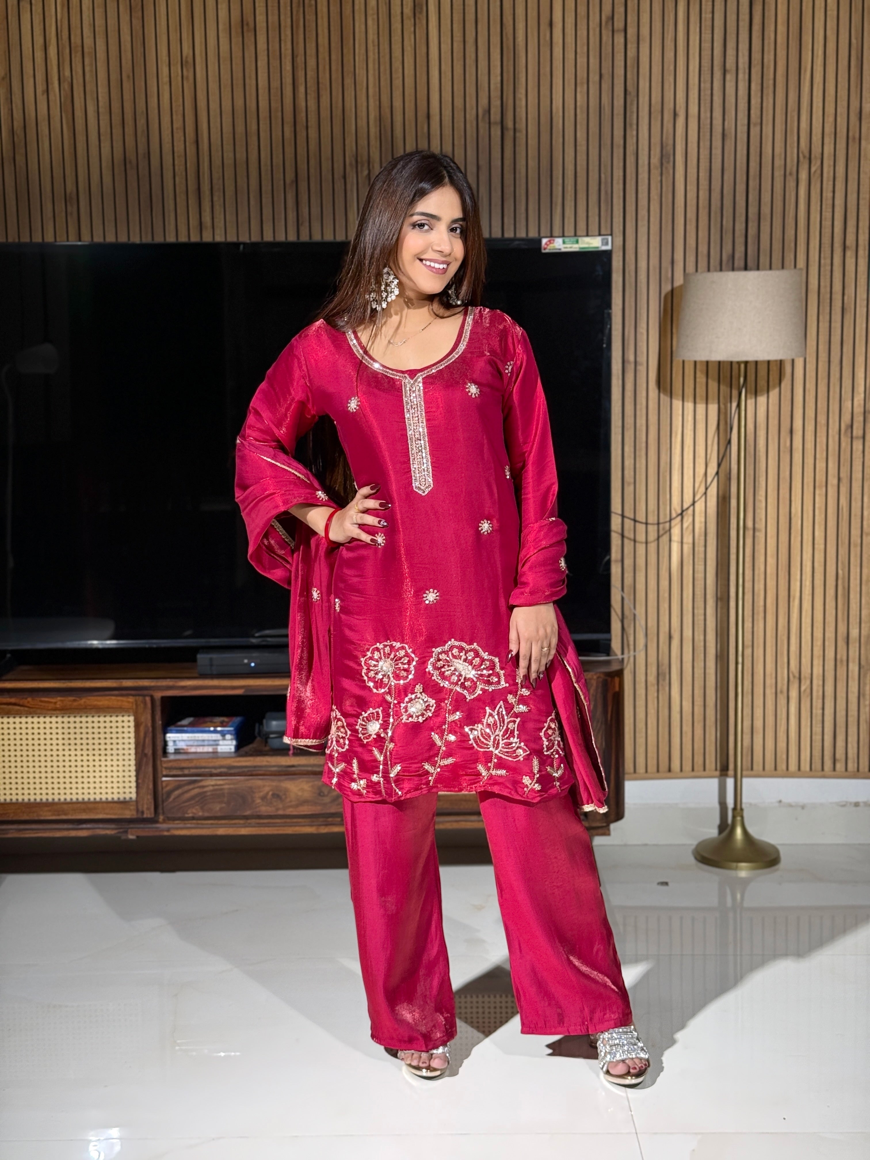 Raspberry Pink Raw Silk Embroidered Suit Set