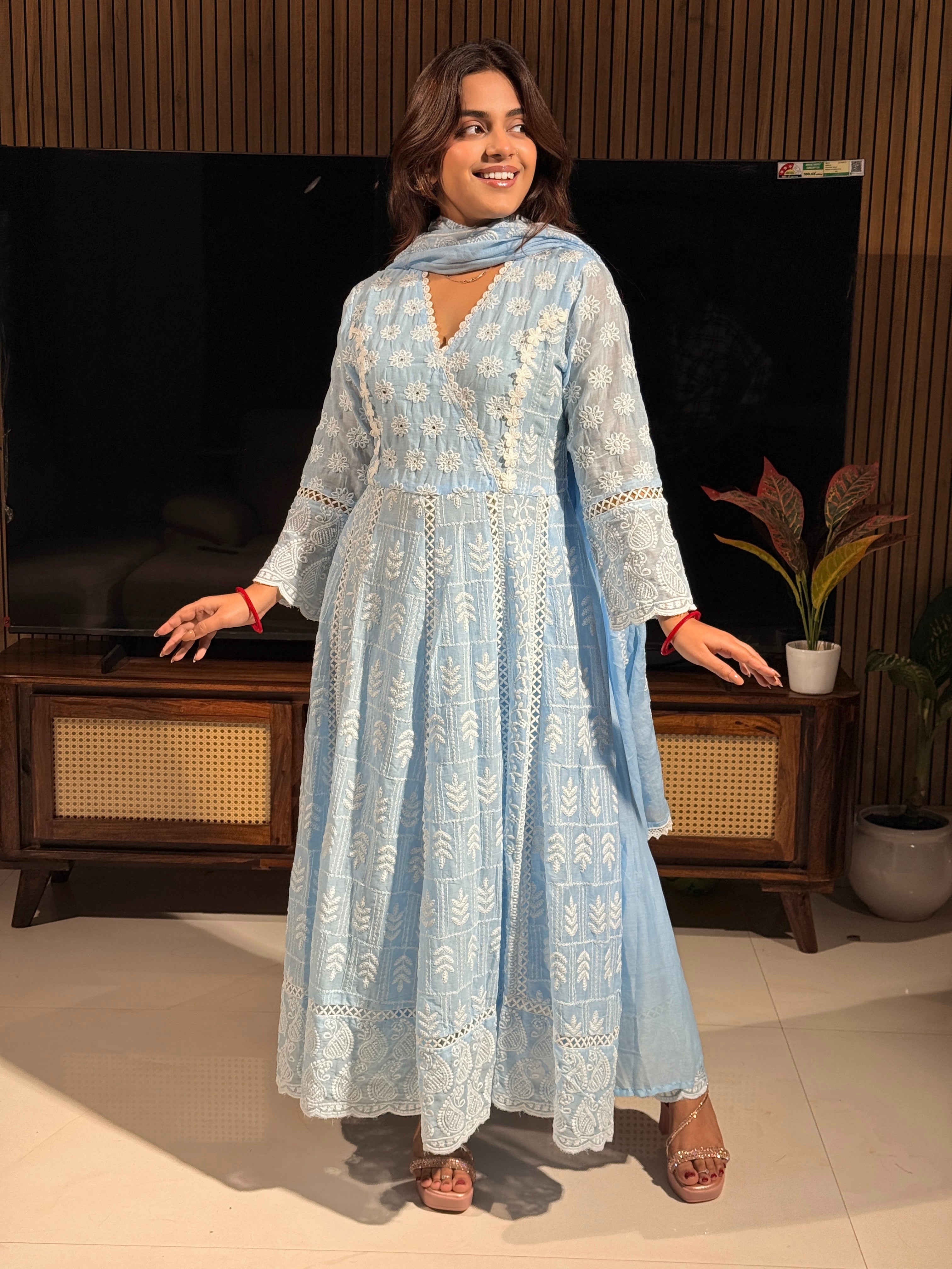 Powder Blue Handcrafted Chikankari Anarkali Suit Set