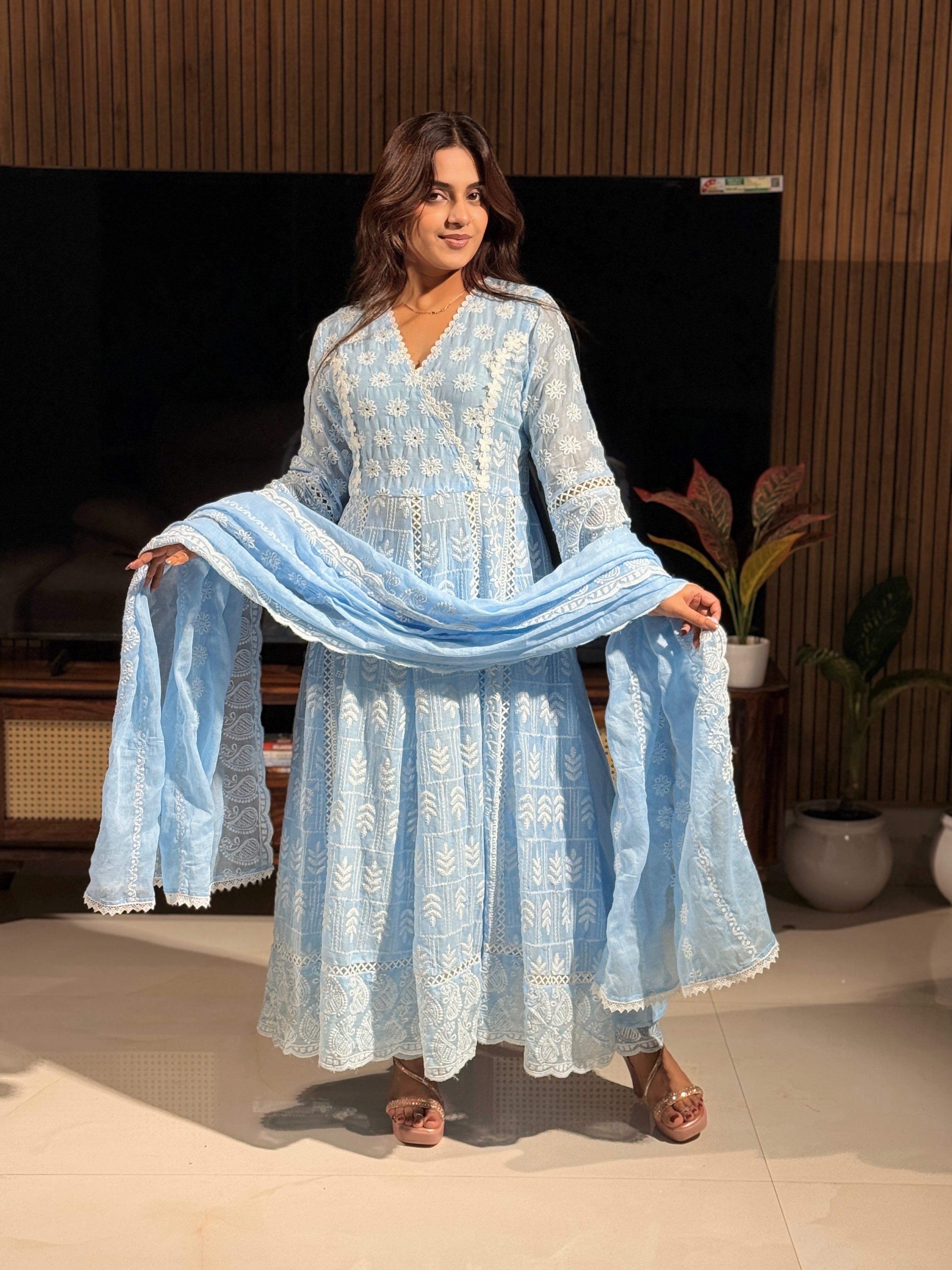 Powder Blue Handcrafted Chikankari Anarkali Suit Set