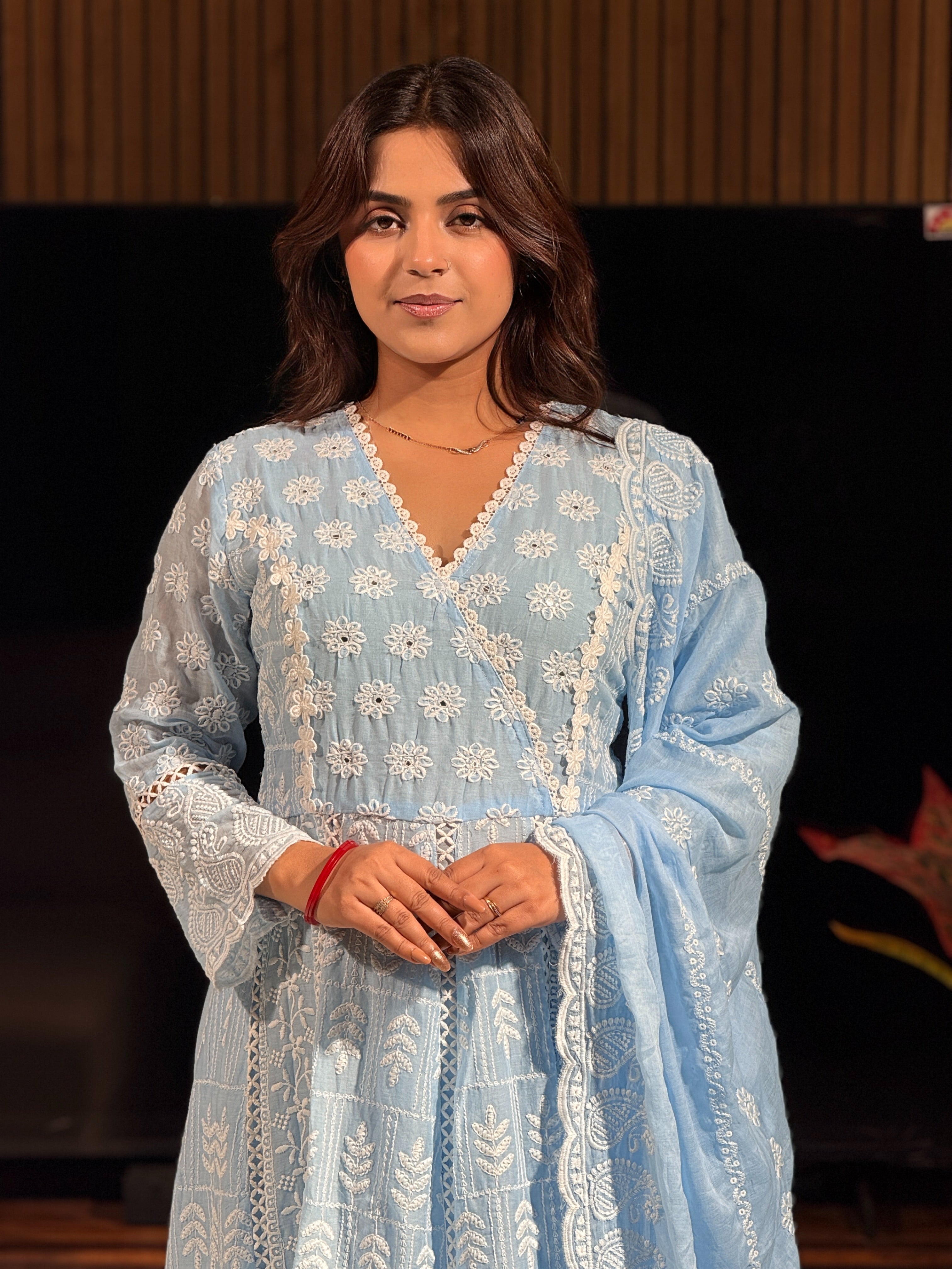 Powder Blue Handcrafted Chikankari Anarkali Suit Set