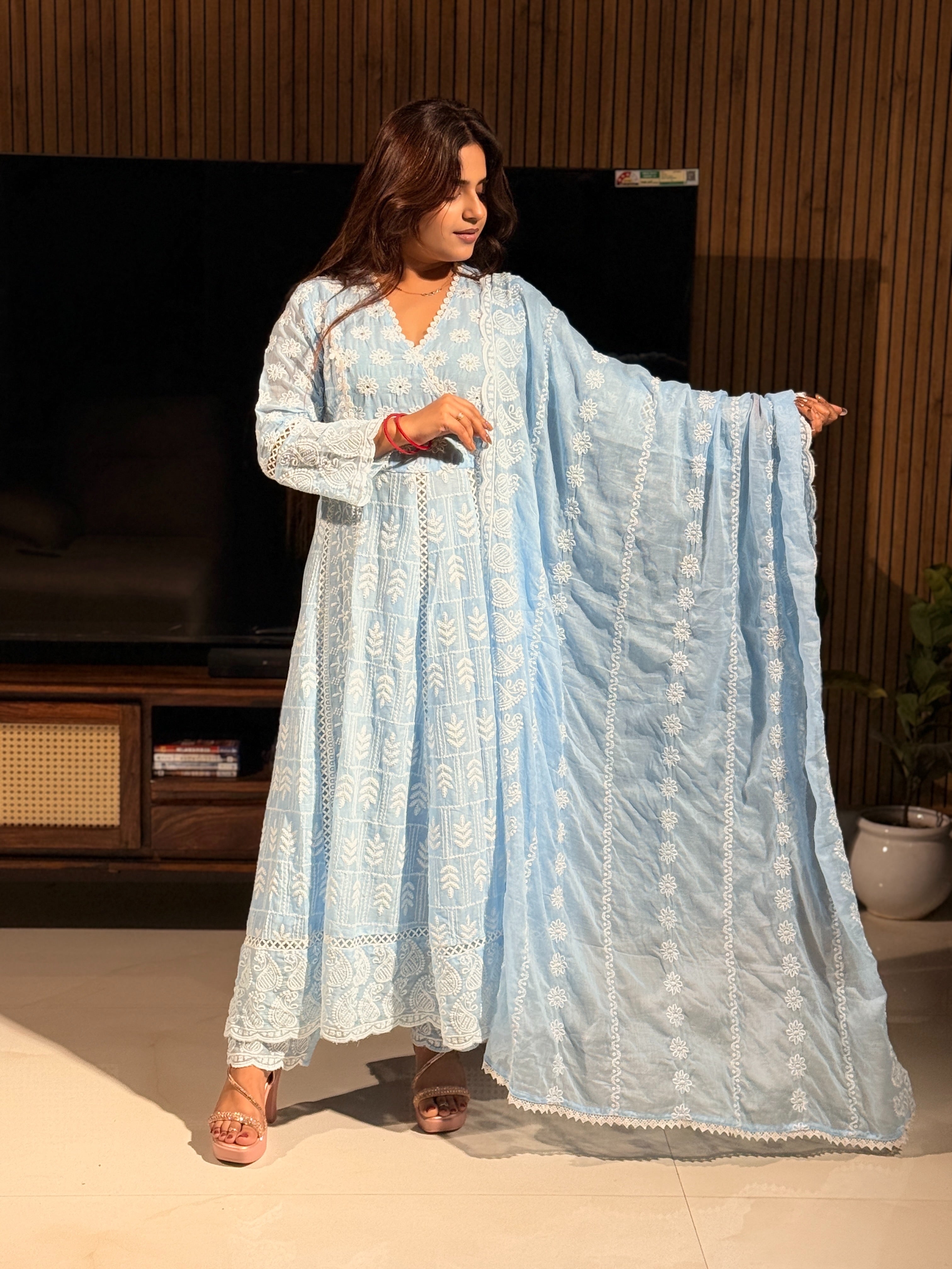 Powder Blue Handcrafted Chikankari Anarkali Suit Set