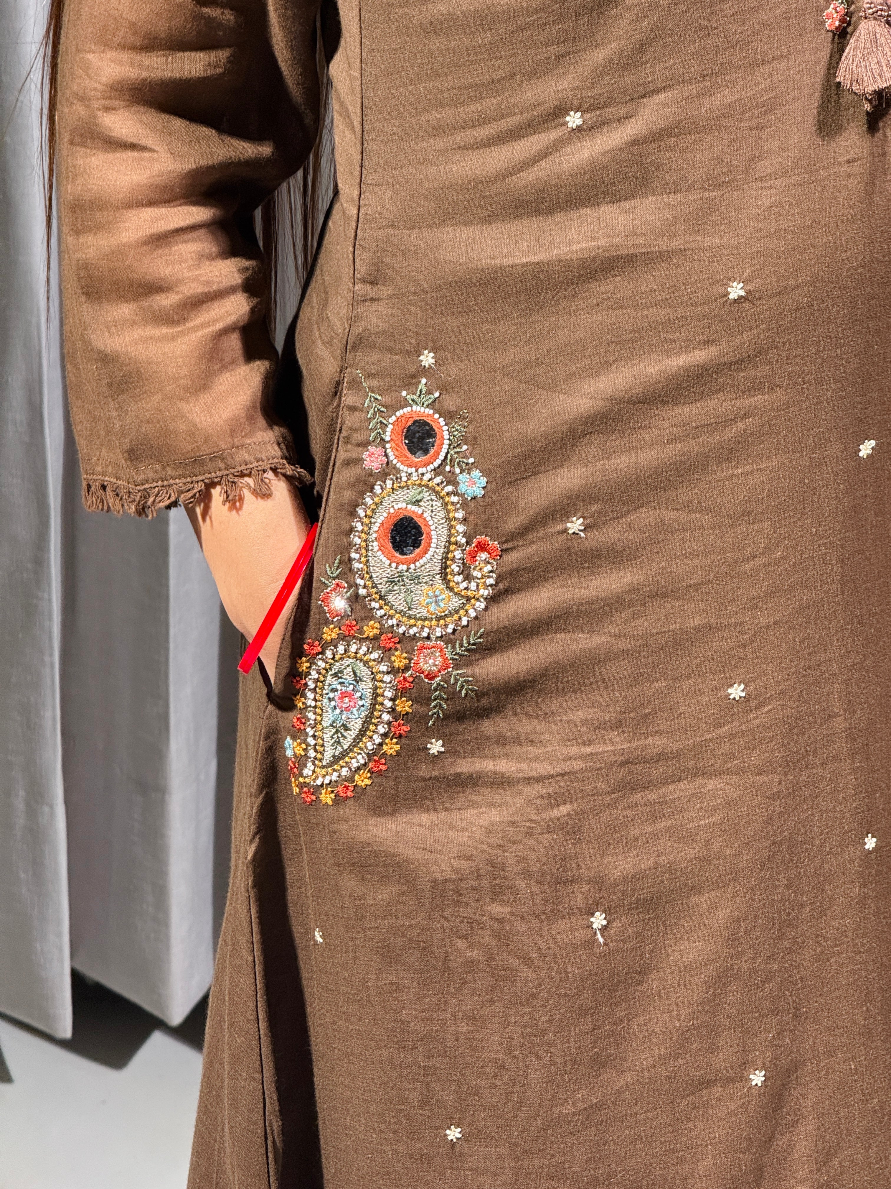Aafreen Mocha Embroidered Cotton Suit Set