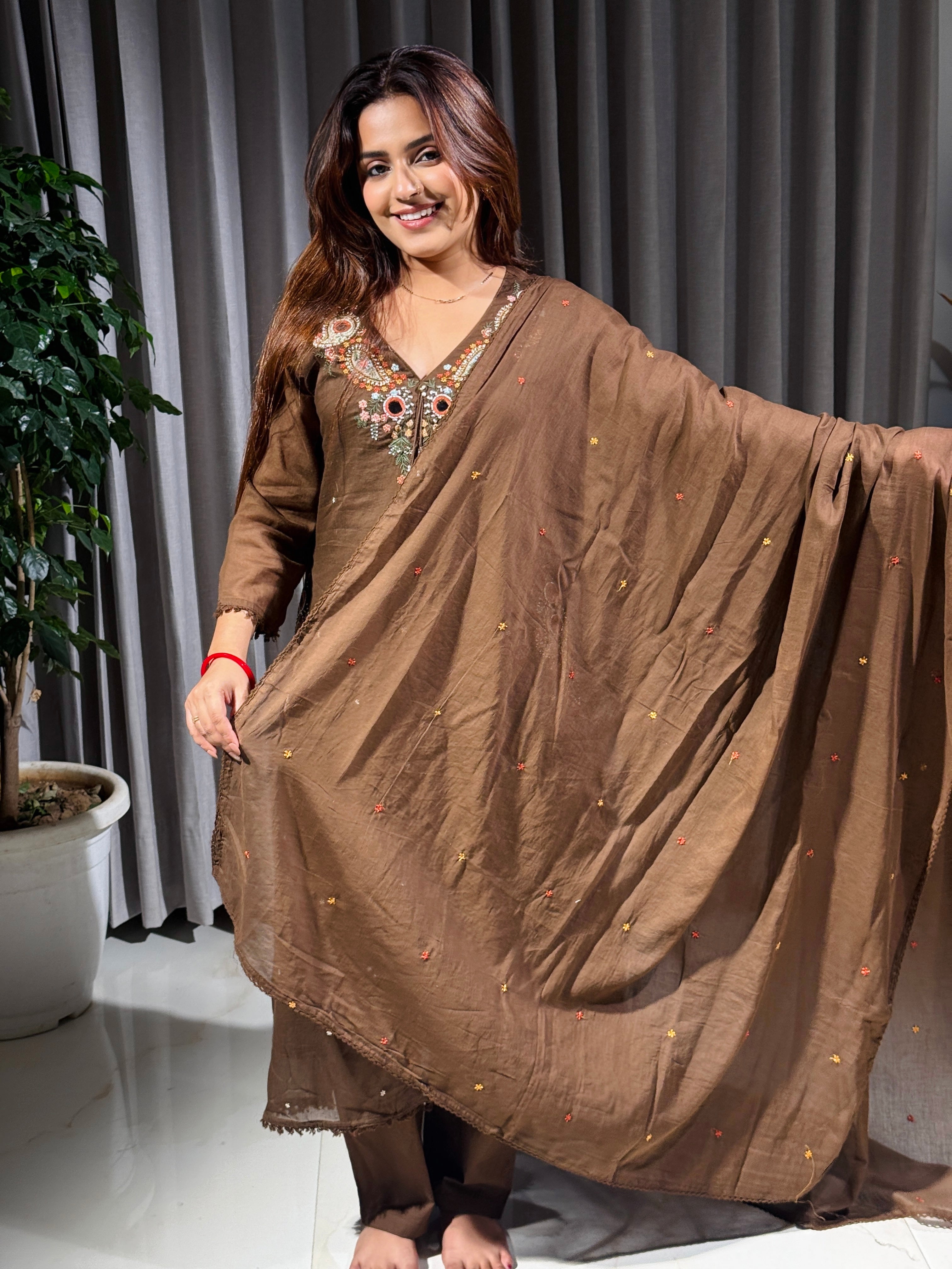 Aafreen Mocha Embroidered Cotton Suit Set