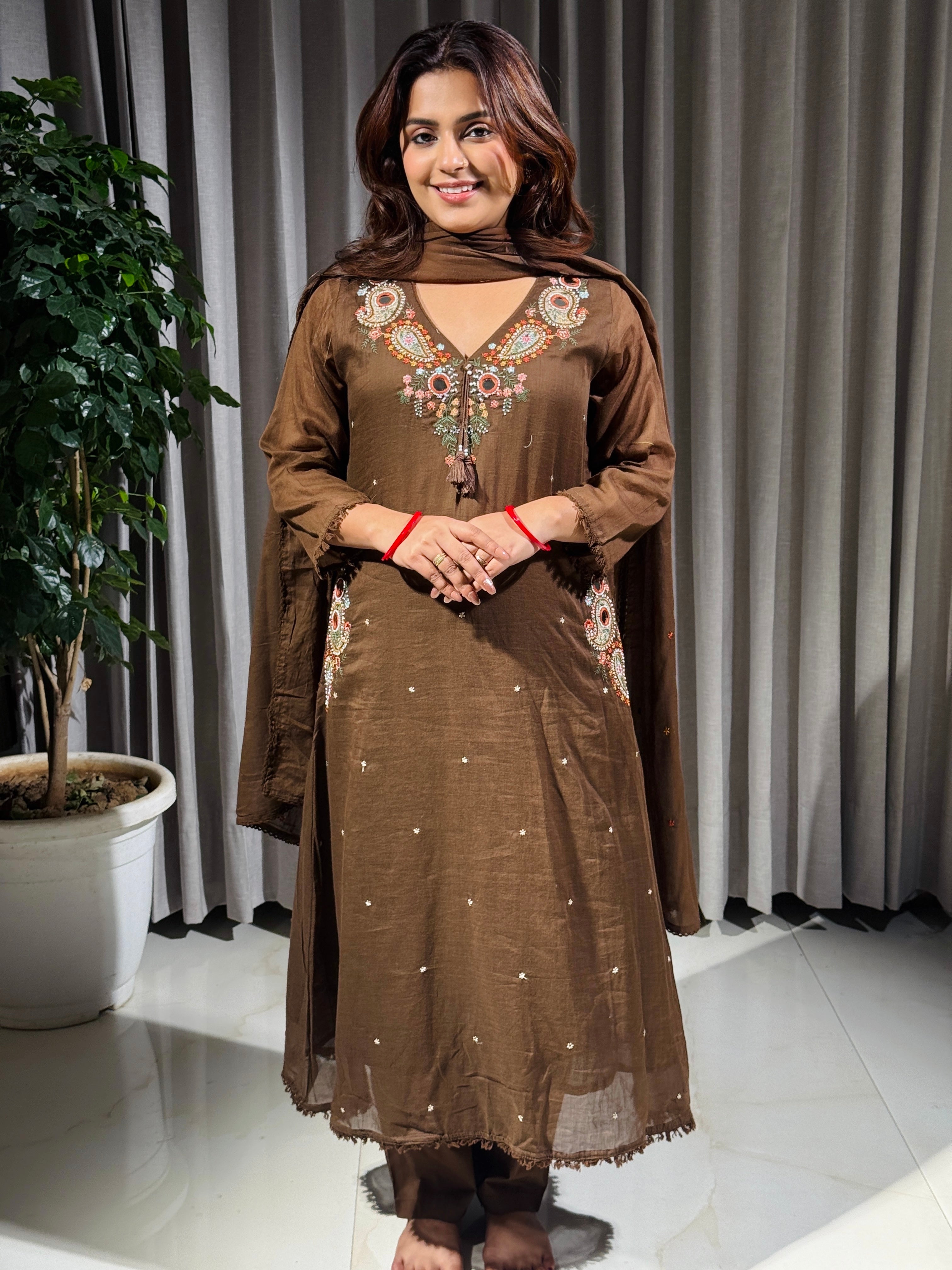 Aafreen Mocha Embroidered Cotton Suit Set