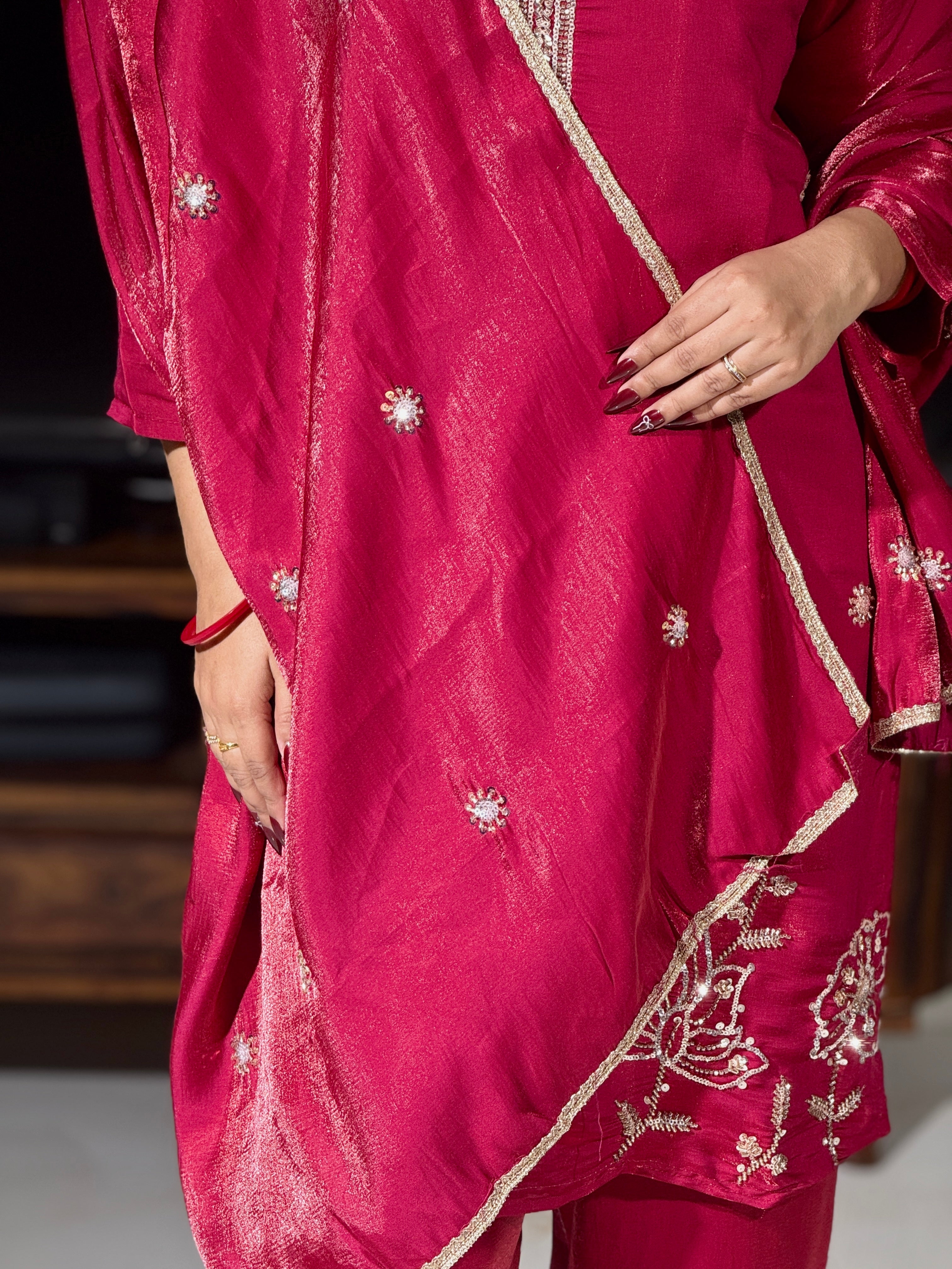 Raspberry Pink Raw Silk Embroidered Suit Set