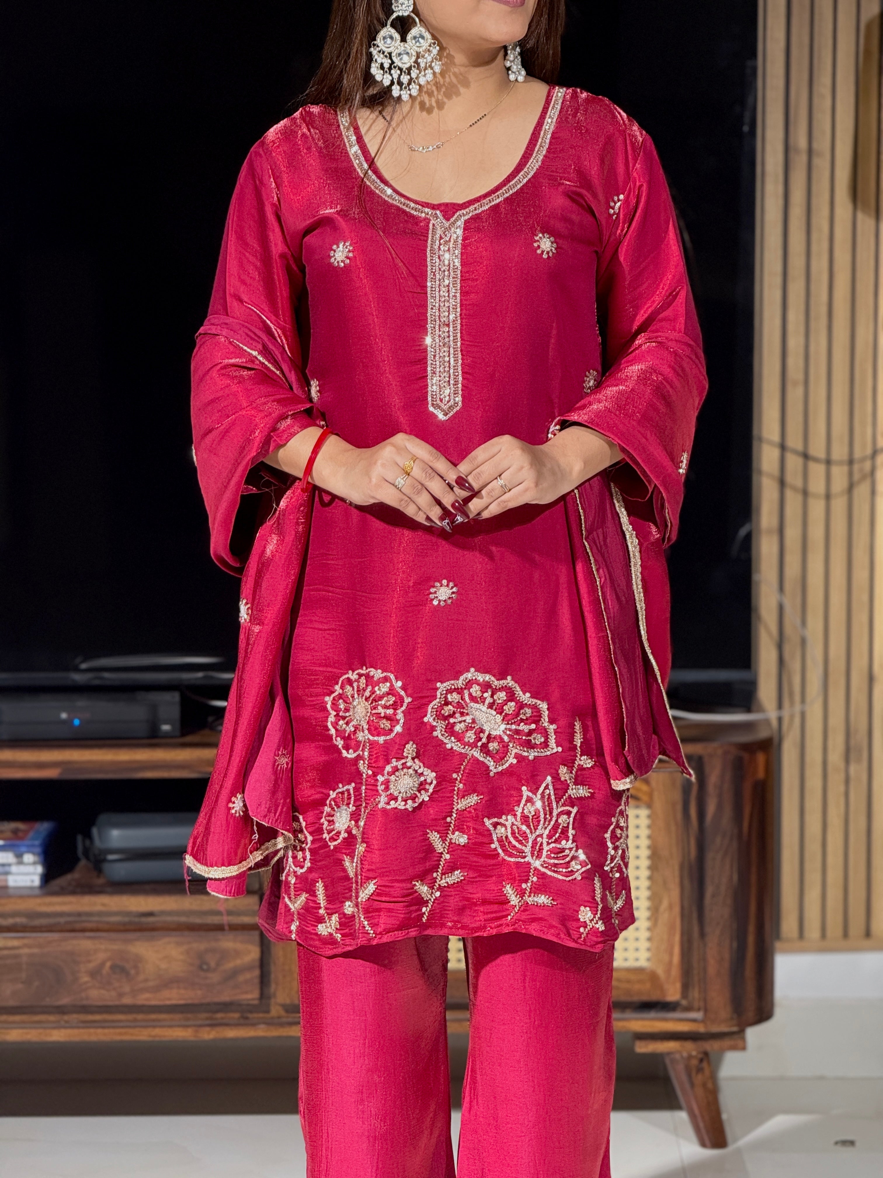 Raspberry Pink Raw Silk Embroidered Suit Set