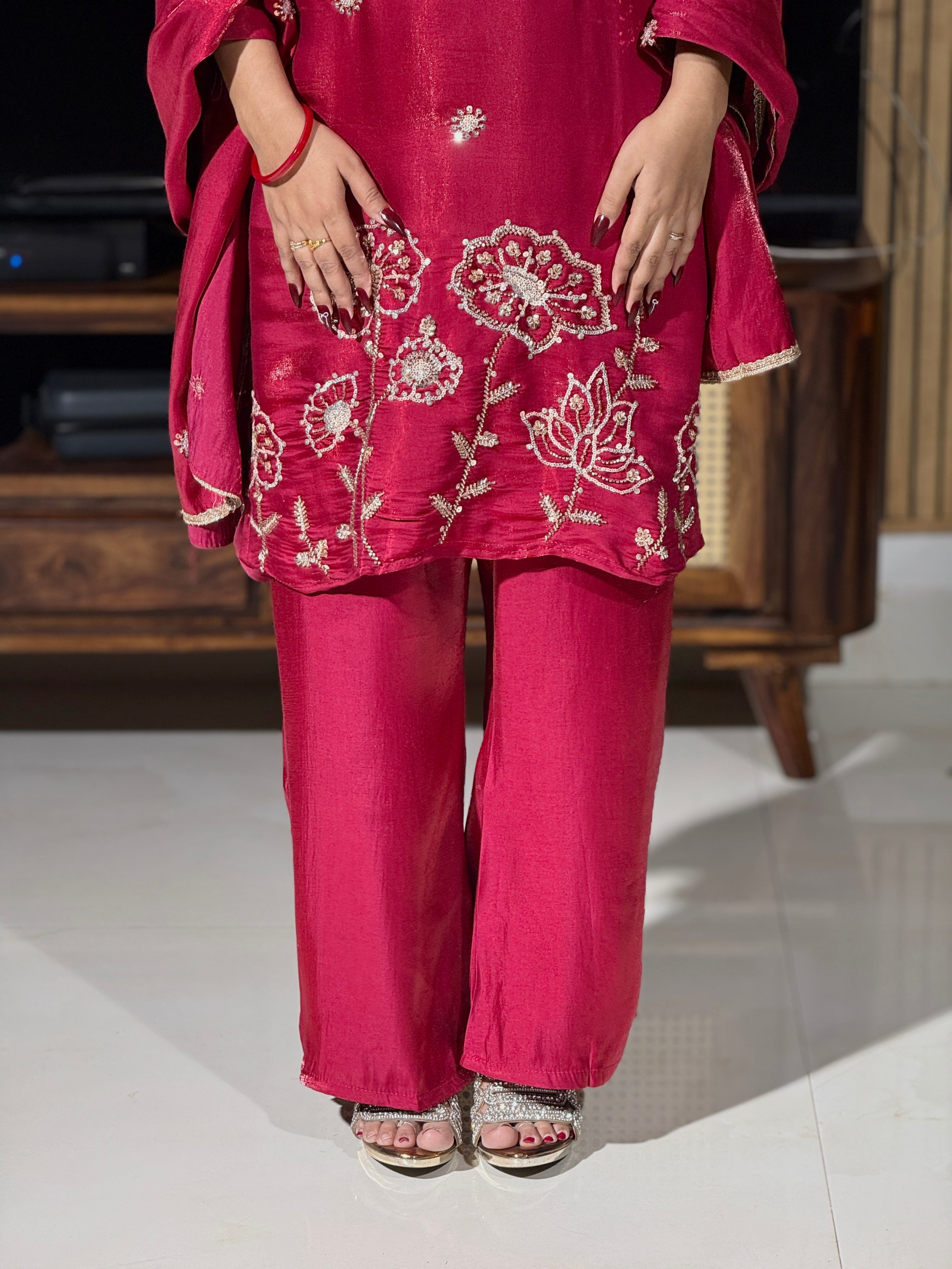 Raspberry Pink Raw Silk Embroidered Suit Set