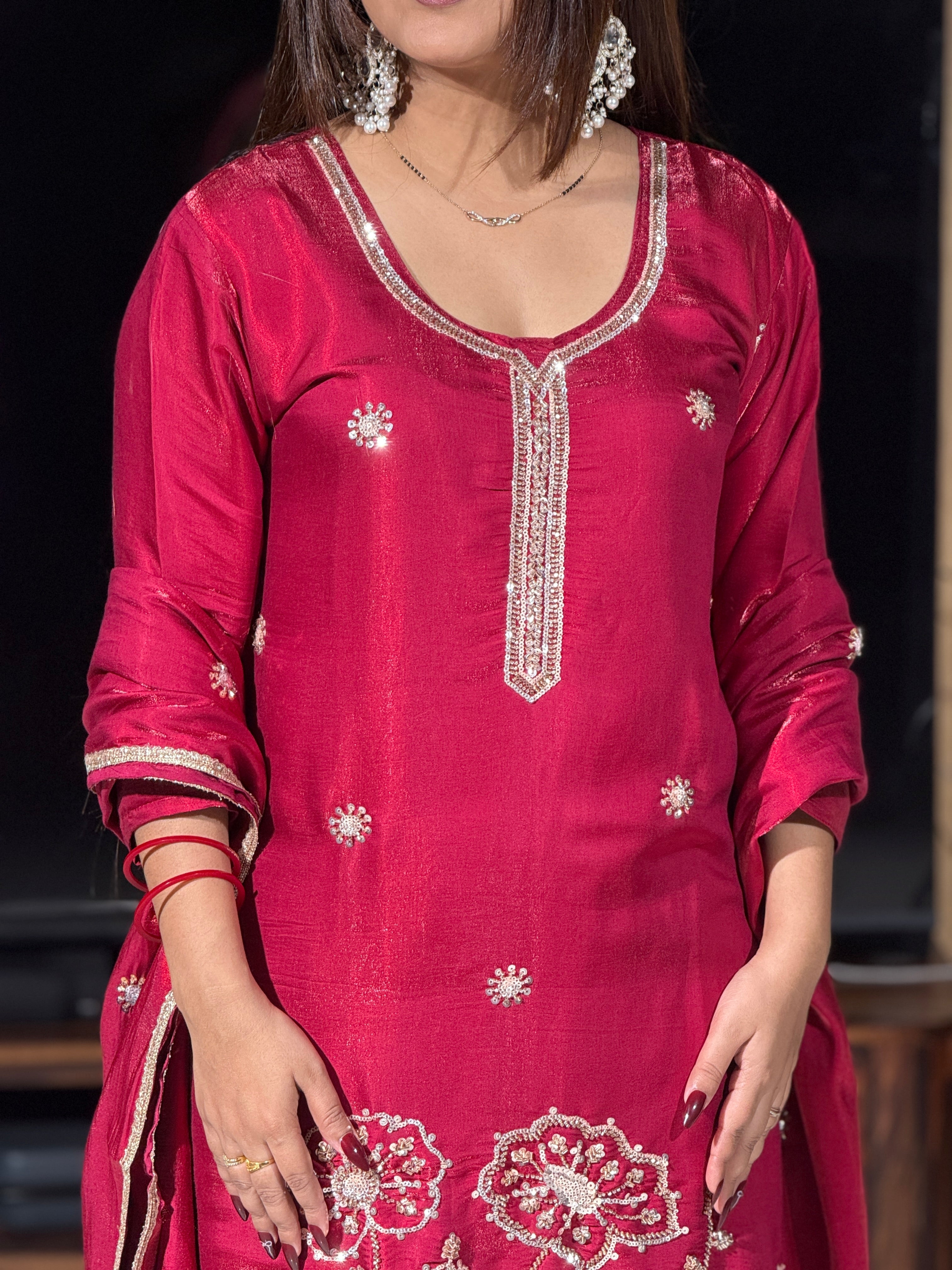 Raspberry Pink Raw Silk Embroidered Suit Set