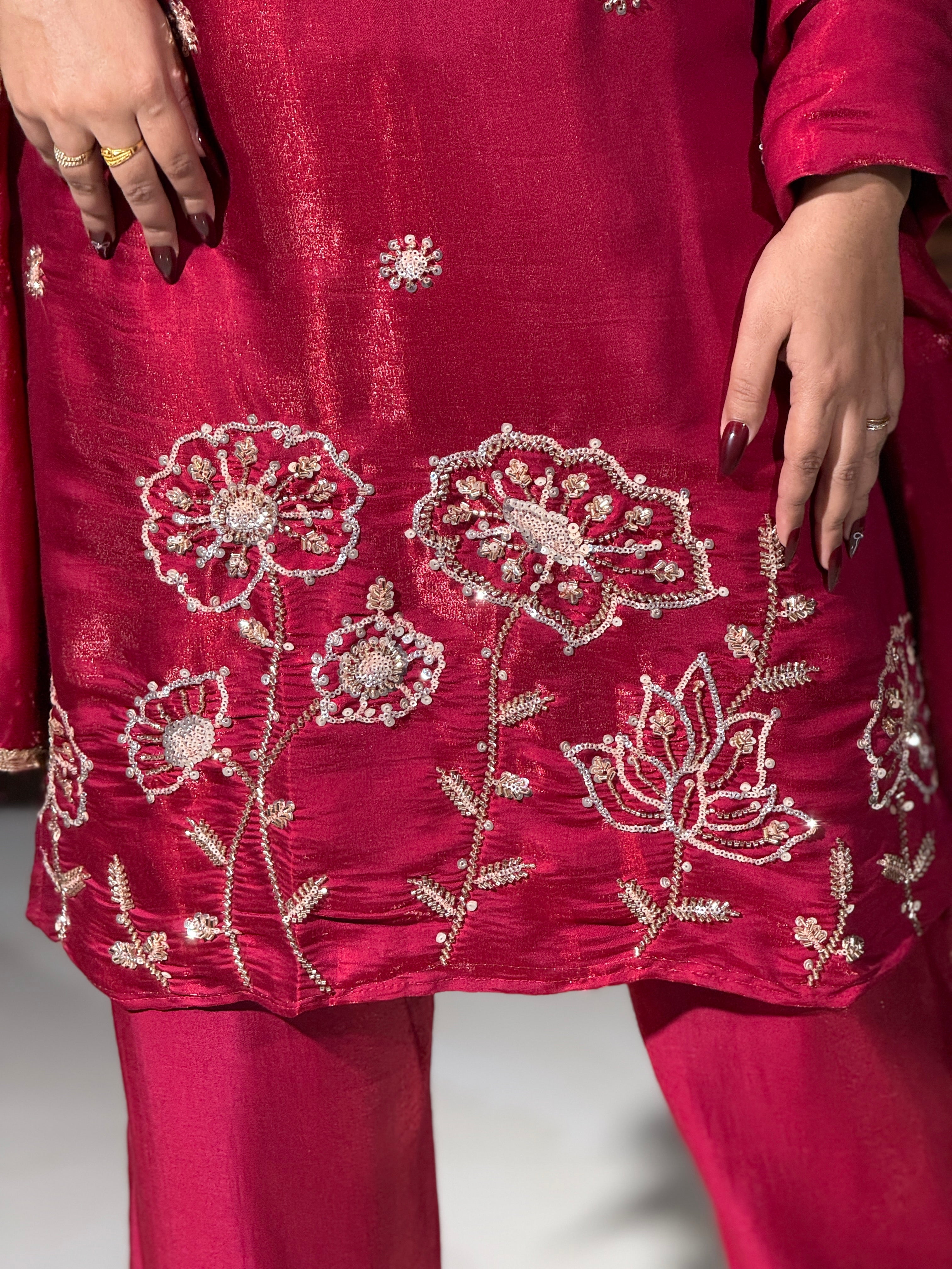 Raspberry Pink Raw Silk Embroidered Suit Set