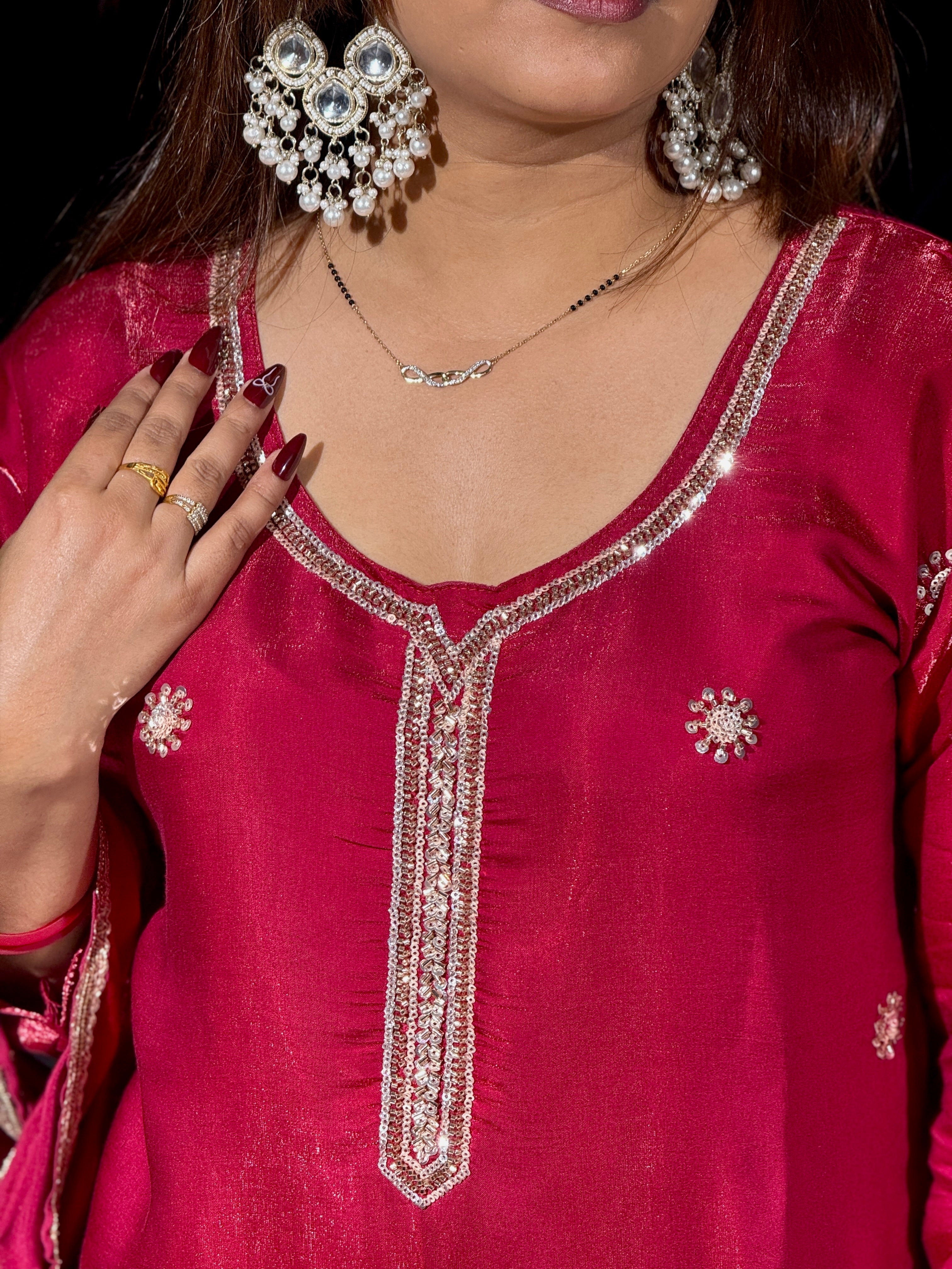 Raspberry Pink Raw Silk Embroidered Suit Set