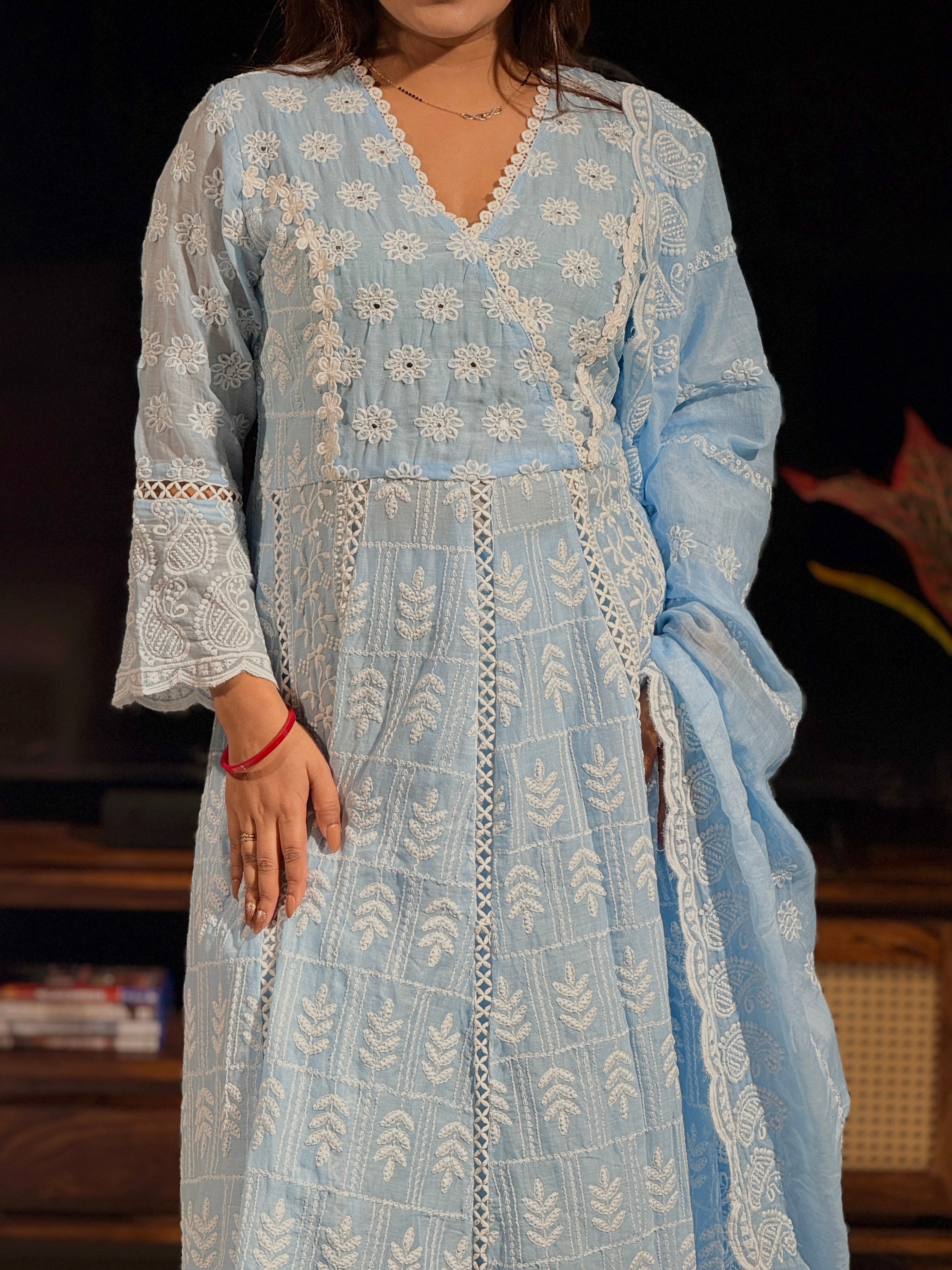Powder Blue Handcrafted Chikankari Anarkali Suit Set