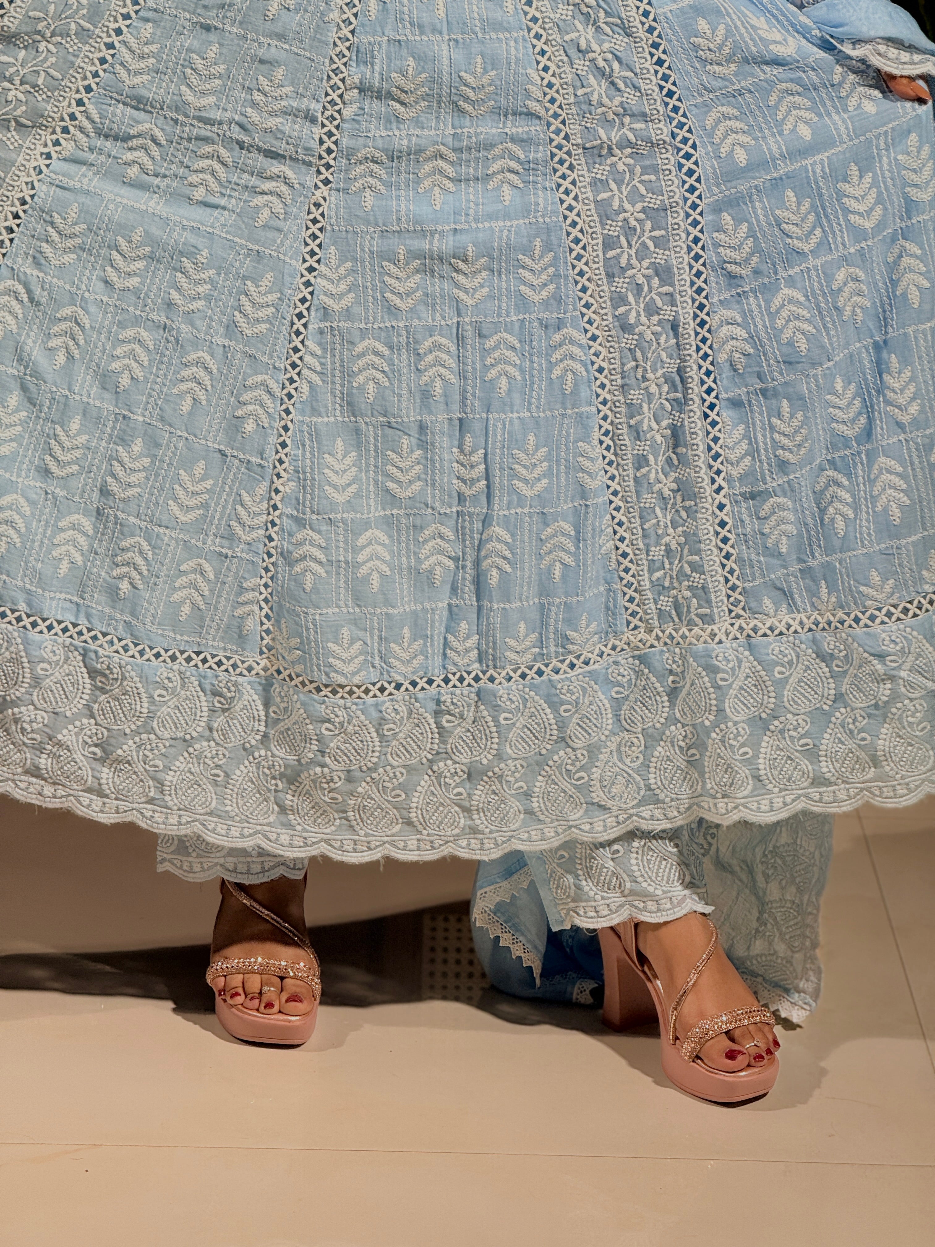 Powder Blue Handcrafted Chikankari Anarkali Suit Set