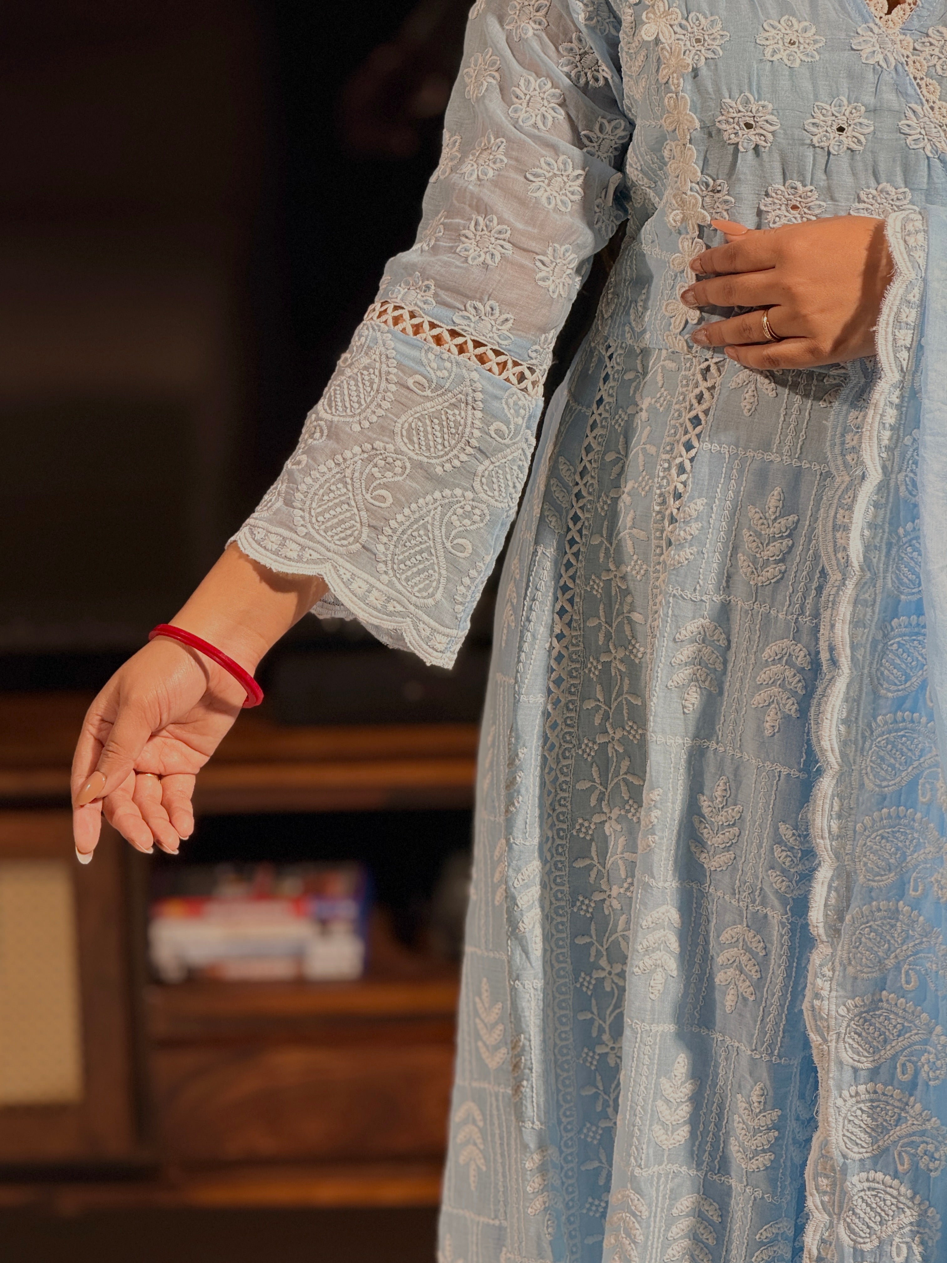 Powder Blue Handcrafted Chikankari Anarkali Suit Set