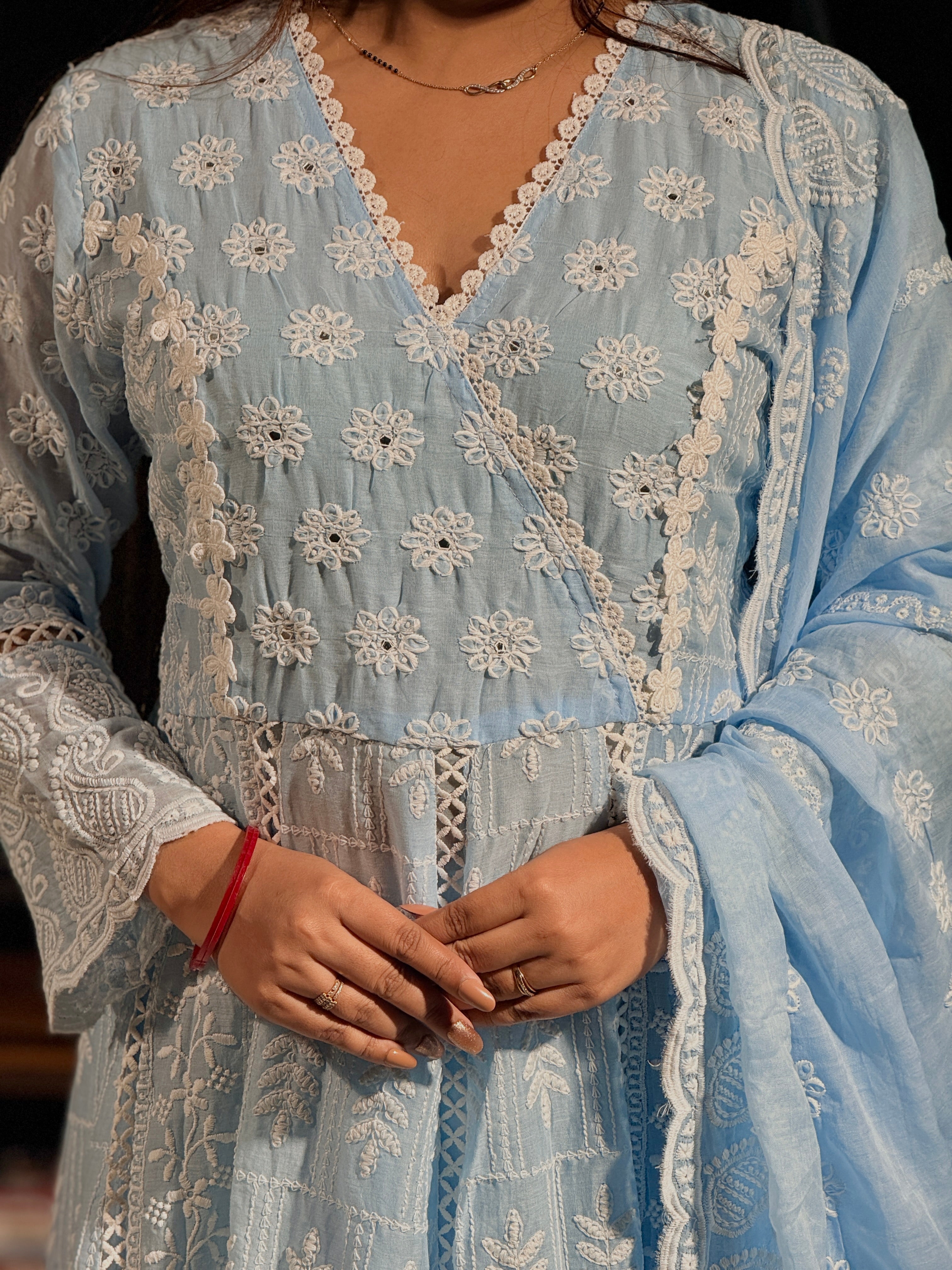 Powder Blue Handcrafted Chikankari Anarkali Suit Set
